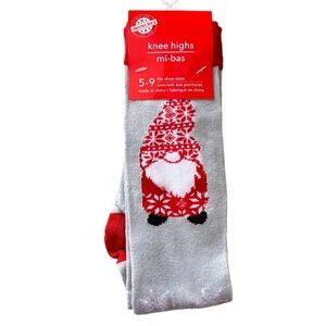 Christmas House Socks Womens Size 5-9 Red White Gray Gnome Knee High Fits Shoe